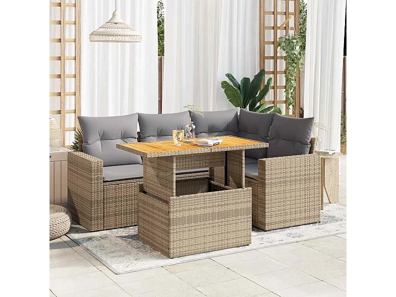5-delige Loungeset met kussens poly rattan beige