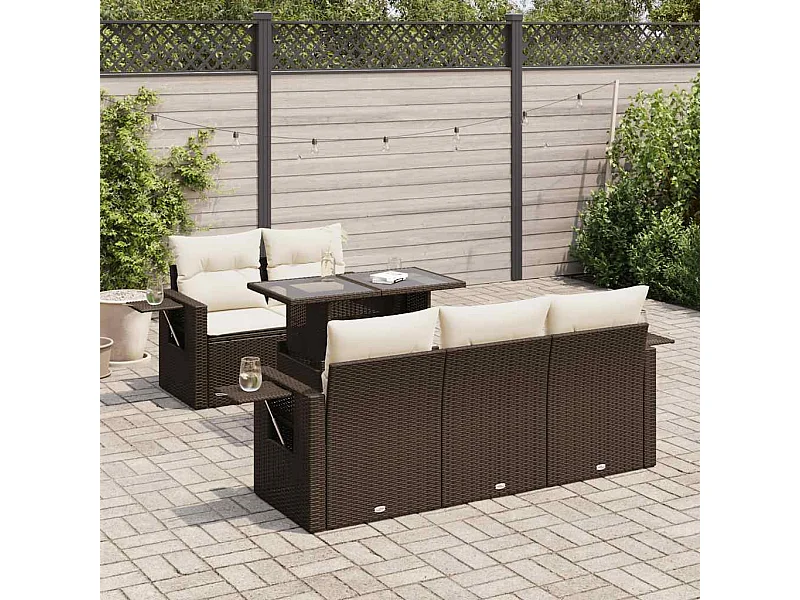6-delige Loungeset met kussens poly rattan bruin