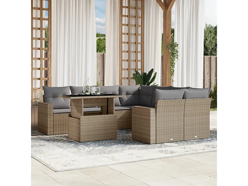 Salon de jardin avec coussins 9 pièces beige résine tressée
