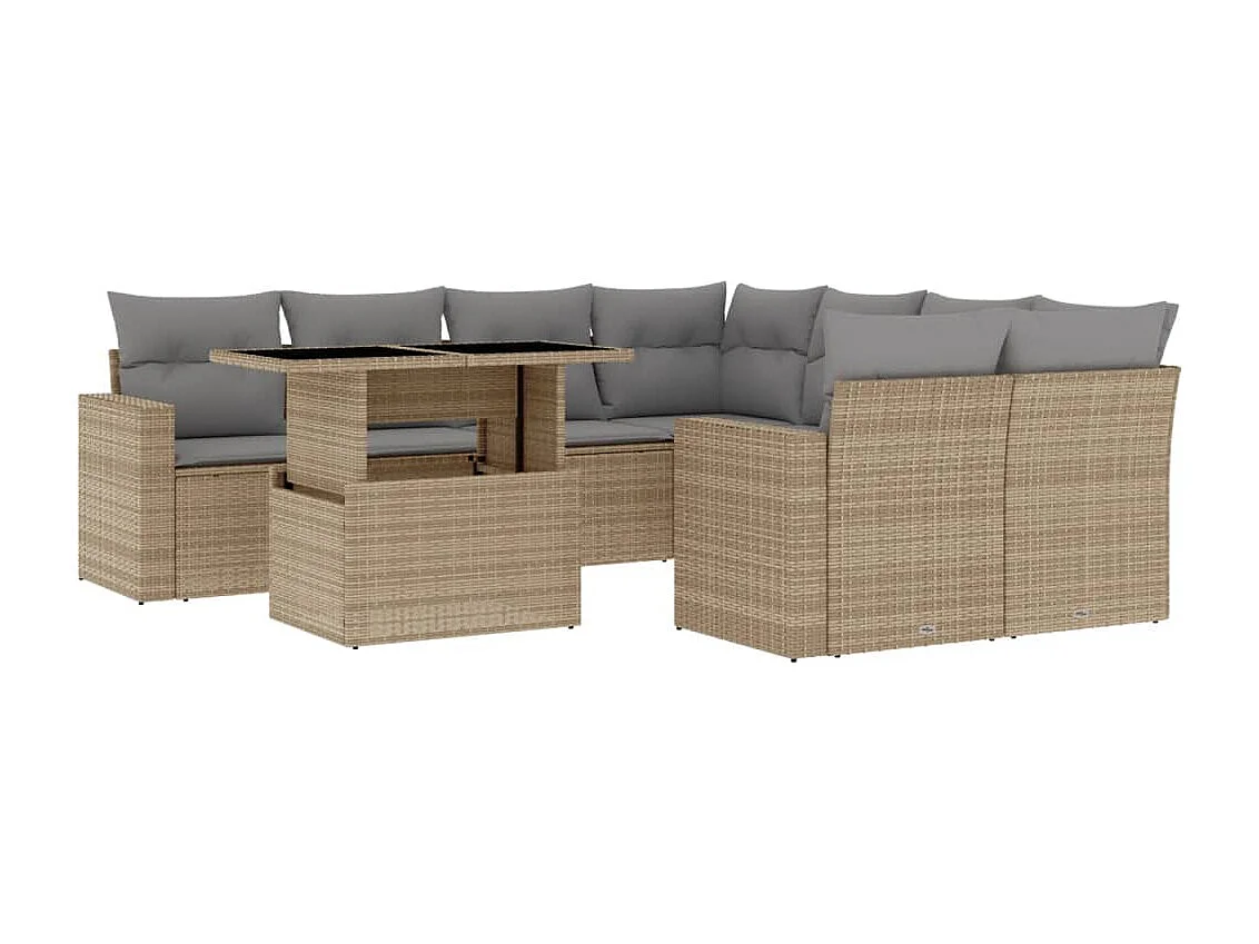 Set de sofás de jardín 9 piezas con cojines ratán sintético beige