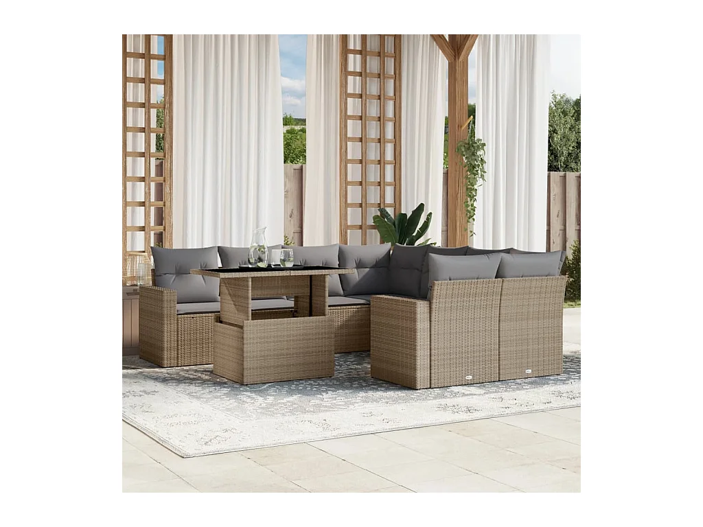 9-delige Loungeset met kussens poly rattan beige