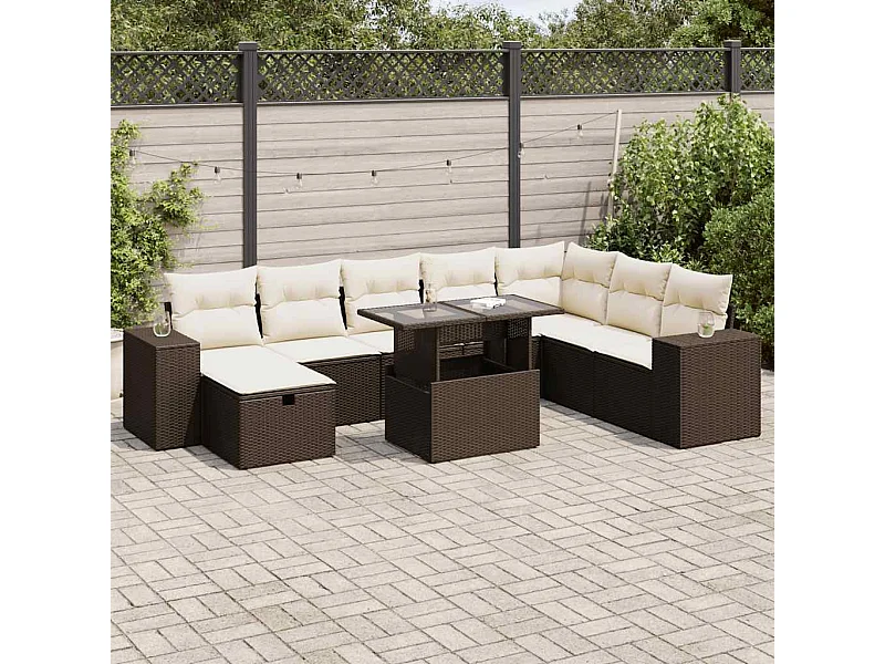 9-delige Loungeset met kussens poly rattan bruin