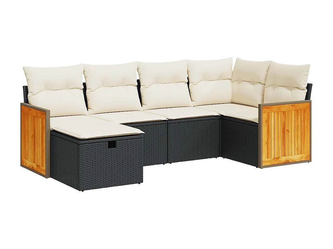 6-delige Loungeset met kussens poly rattan zwart