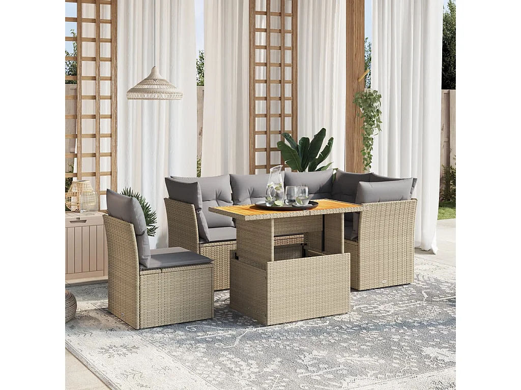 Salon de jardin avec coussins 5 pièces beige résine tressée