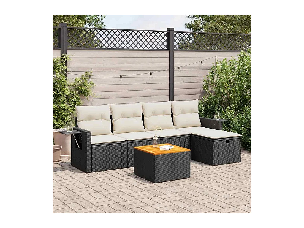 Salon de jardin 6 pièces avec coussins noir résine tressée