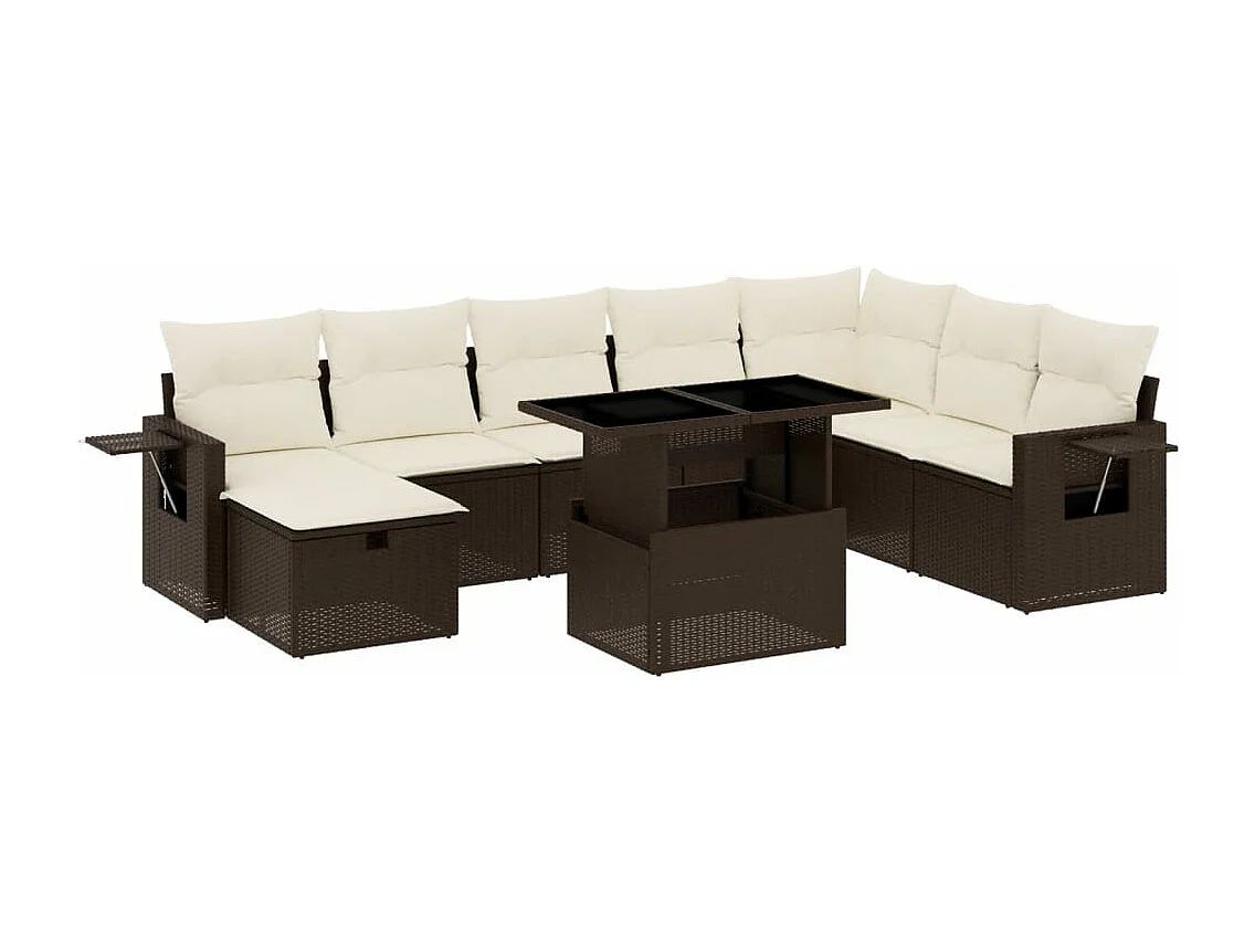 Set de sofás de jardín 9 piezas y cojines ratán sintético marrón