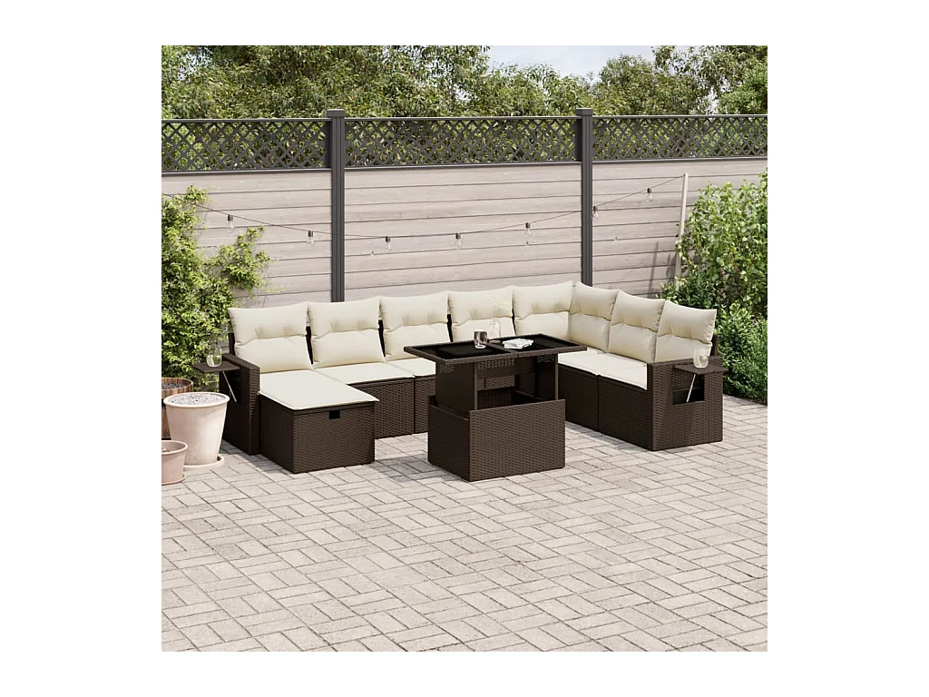 9-delige Loungeset met kussens poly rattan bruin