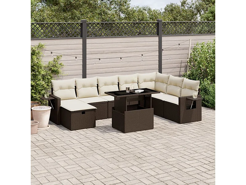 Salon de jardin avec coussins 9 pièces marron résine tressée