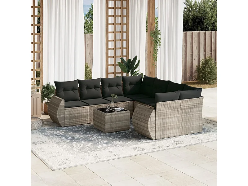 9-delige Loungeset met kussens poly rattan lichtgrijs