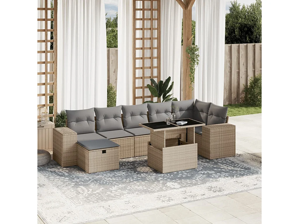Salon de jardin avec coussins 8 pièces beige résine tressée