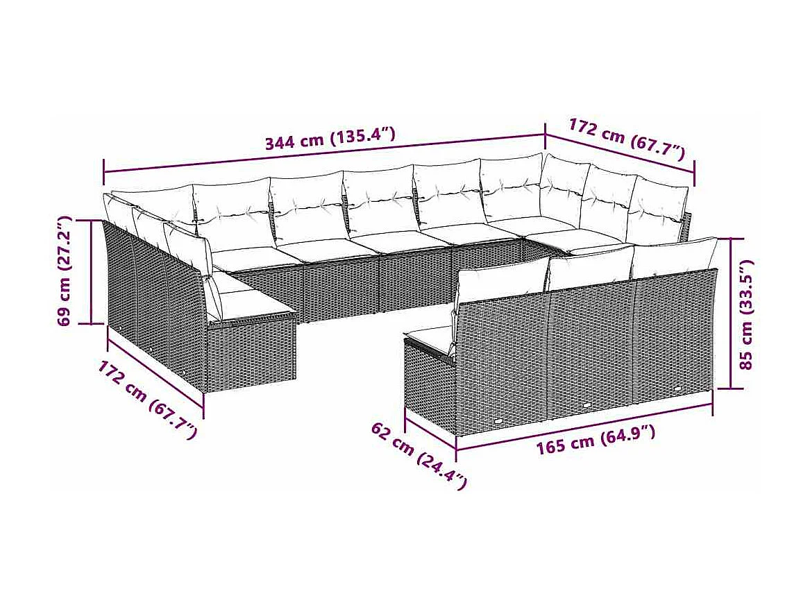 Set sofás de jardín con cojines 13 piezas ratán sintético gris