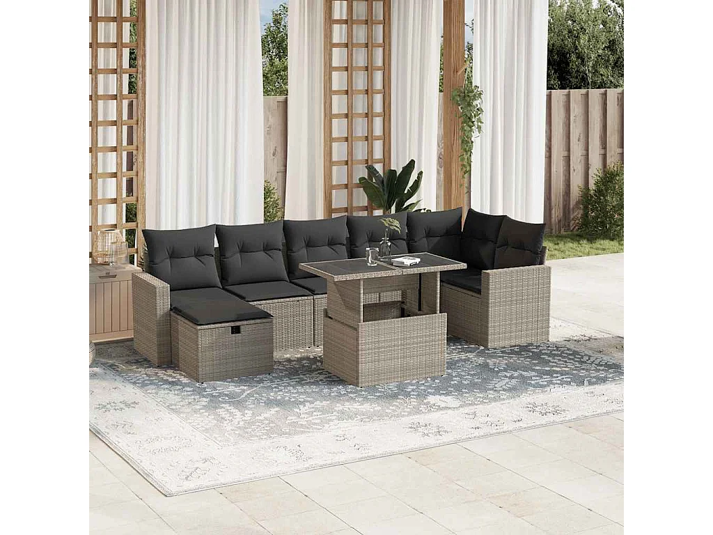 Salon de jardin 8 pièces avec coussins gris clair résine tressée