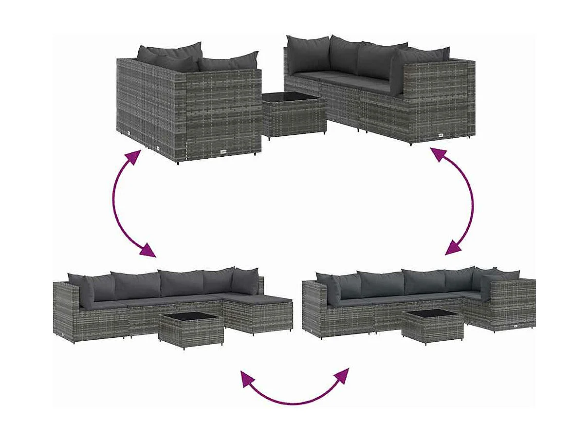 Salon de jardin 6 pièces avec coussins Gris Résine tressée