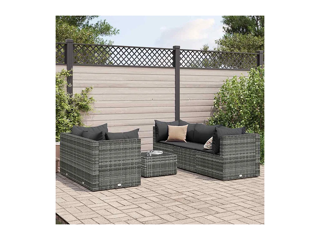 6-delige Loungeset met kussens poly rattan grijs