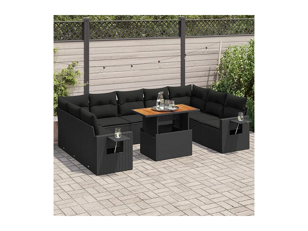 Salon de jardin 10 pièces avec coussins noir résine tressée