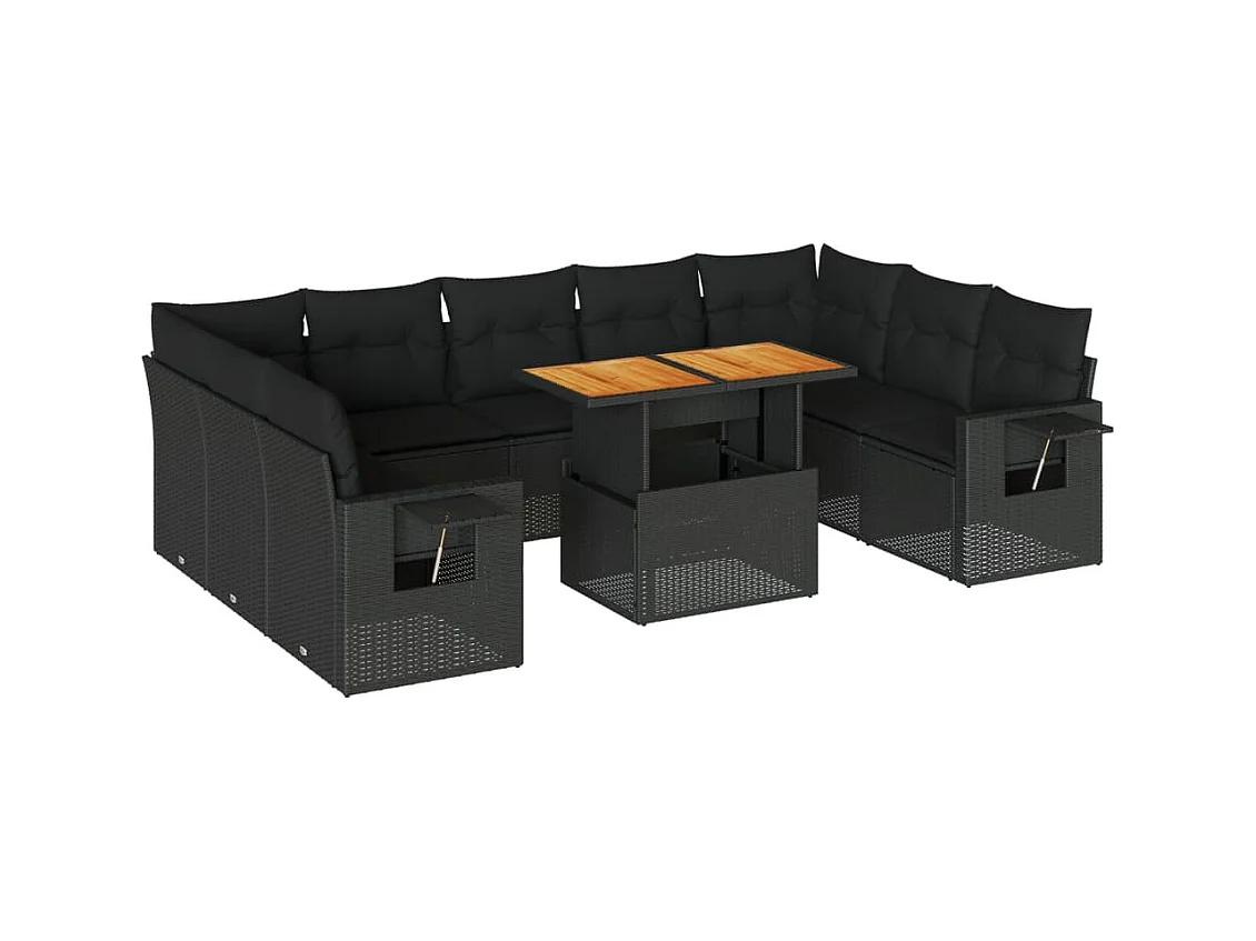 Salon de jardin 10 pièces avec coussins noir résine tressée