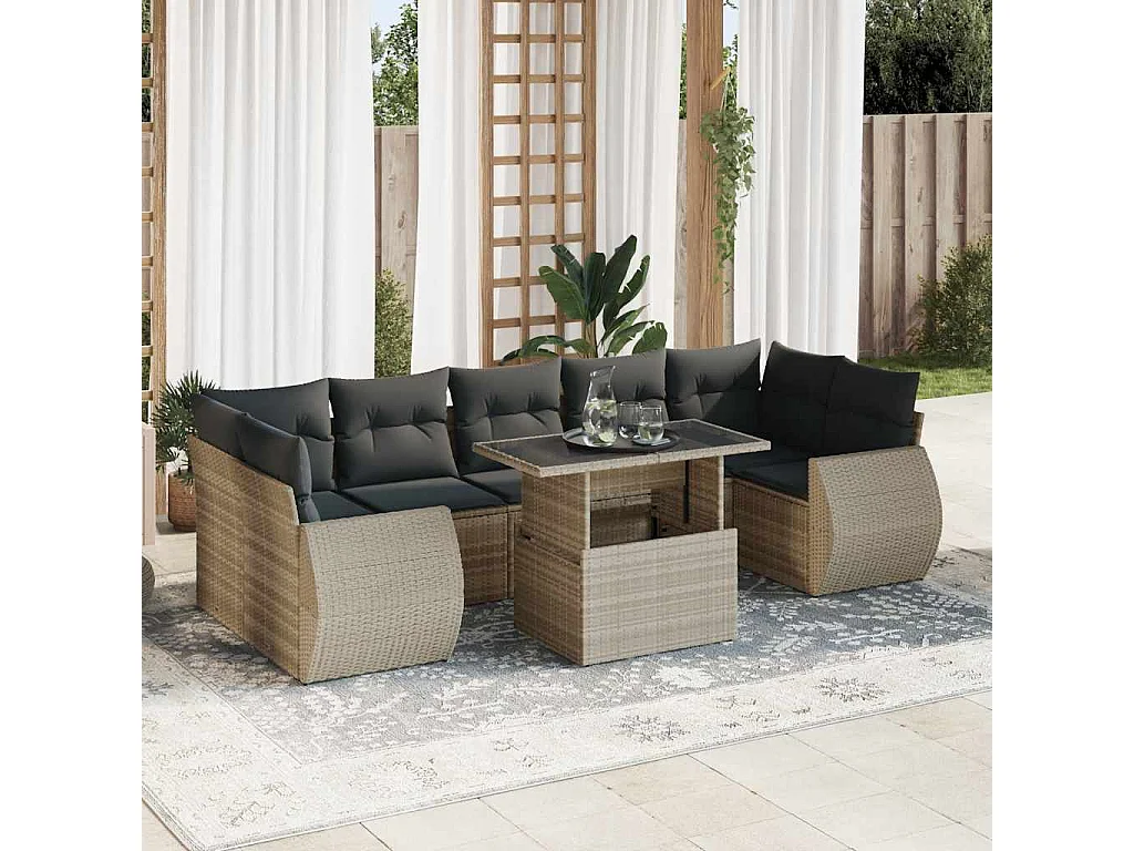 Set de sofás de jardín 8 piezas y cojines ratán sintético gris