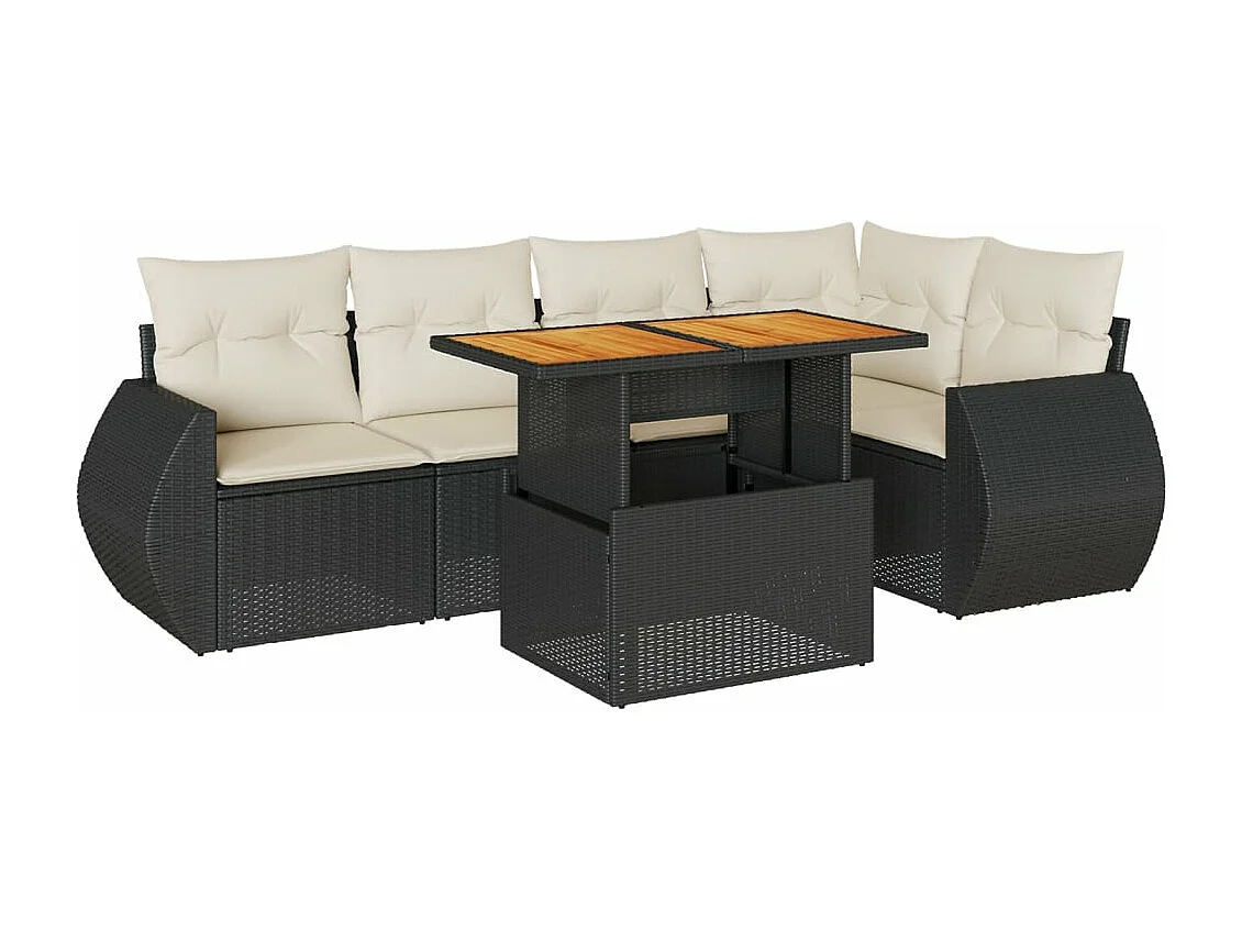 6-delige Loungeset met kussens poly rattan zwart