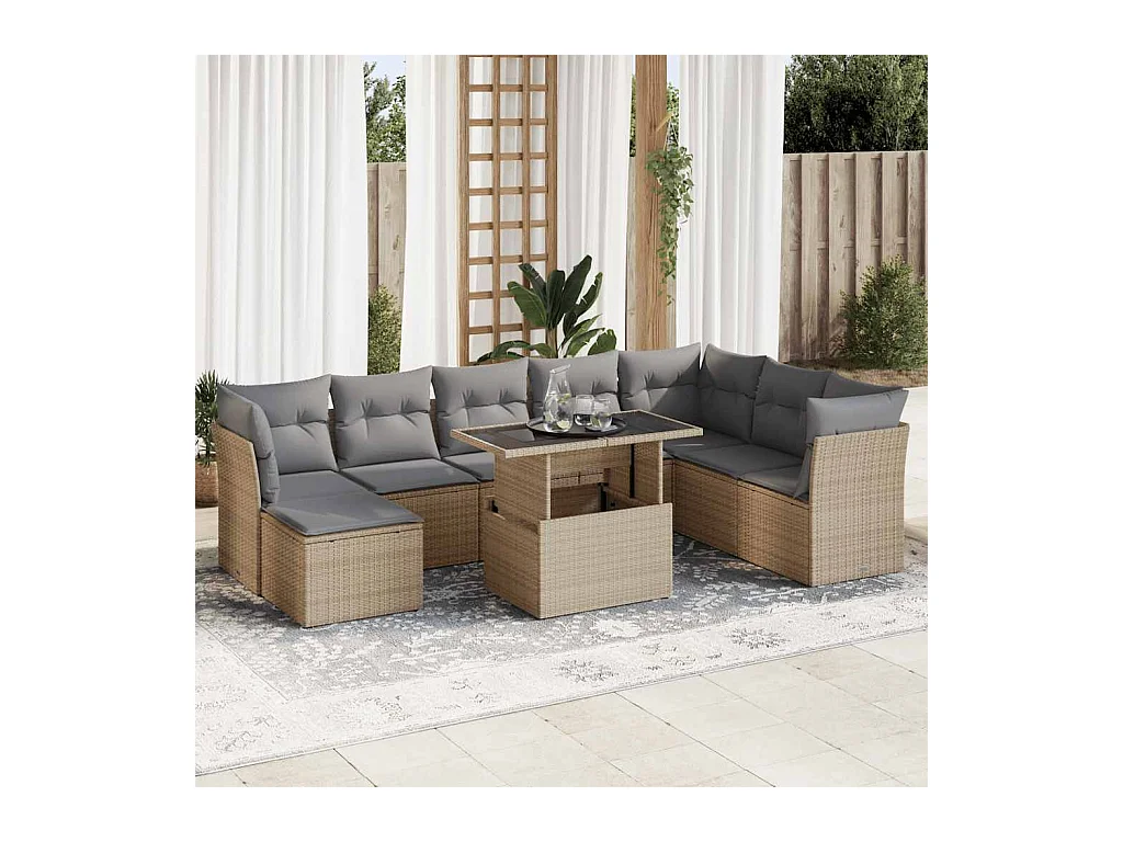 9 peças conjunto de sofás para jardim com almofadões vime PE bege