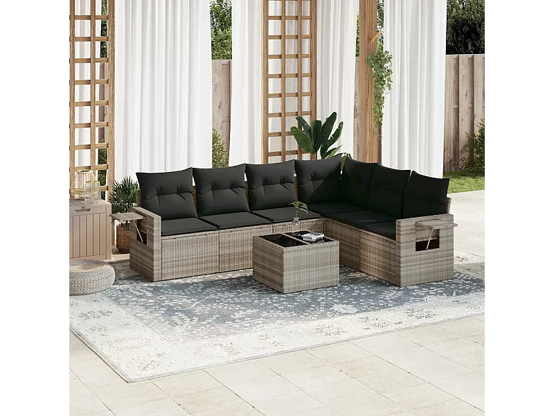 Set de sofás de jardín 7 piezas con cojines ratán PE gris claro