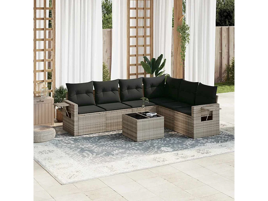 Salon de jardin avec coussins 7 pièces gris clair résine tressée