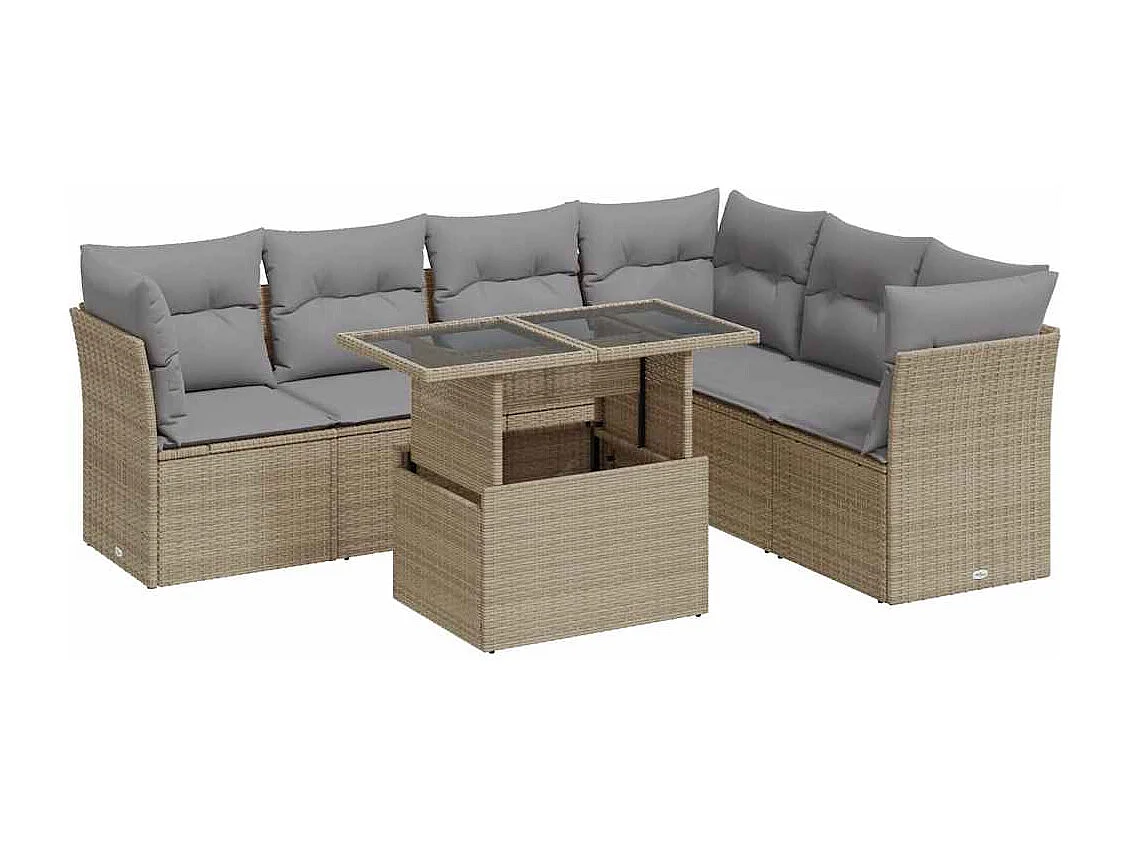 7-delige Loungeset met kussens poly rattan beige
