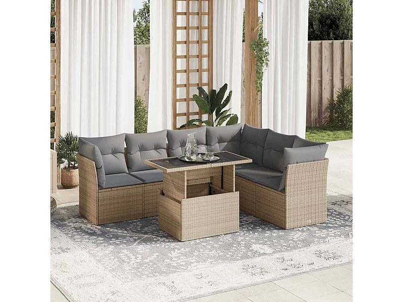 7-delige Loungeset met kussens poly rattan beige