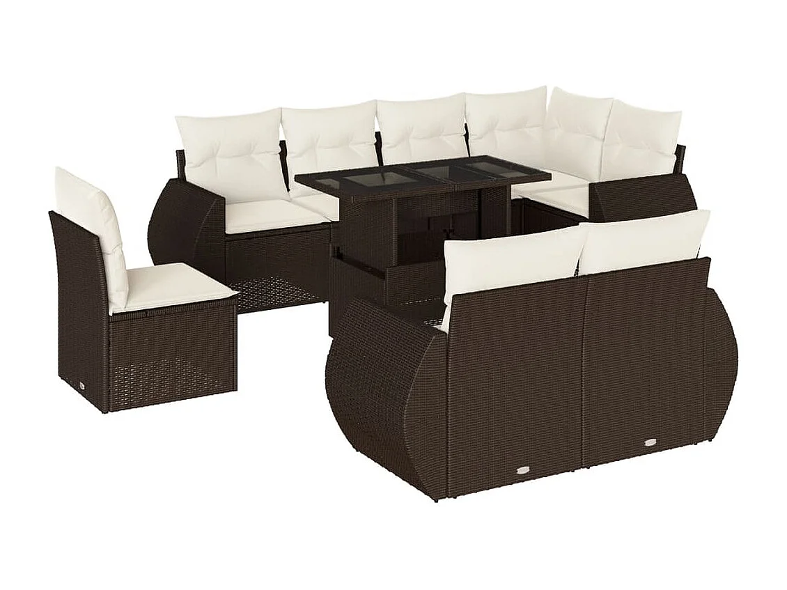 Set de sofás de jardín 9 piezas y cojines ratán sintético marrón
