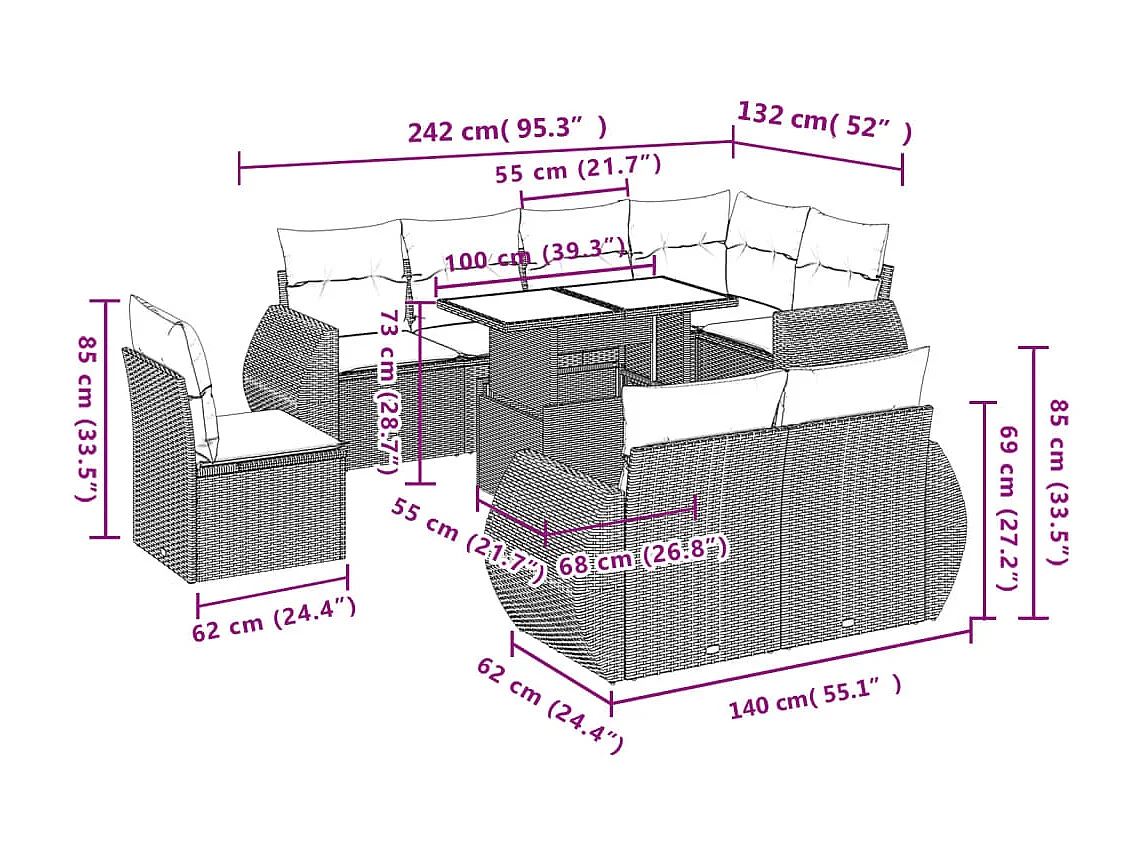 Salon de jardin avec coussins 9 pièces marron résine tressée