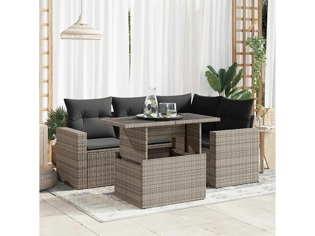 5-delige Loungeset met kussens poly rattan grijs