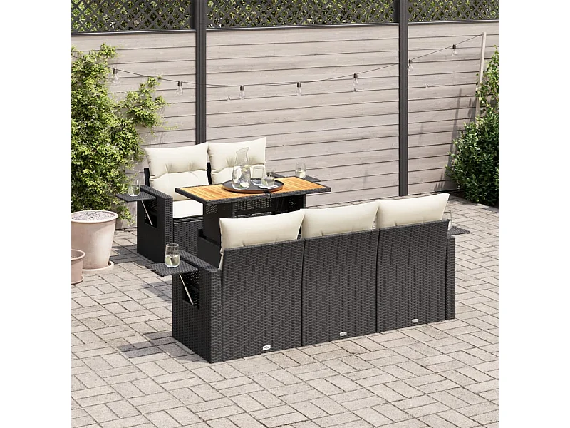 6 peças conjunto sofás de jardim com almofadões vime PE preto