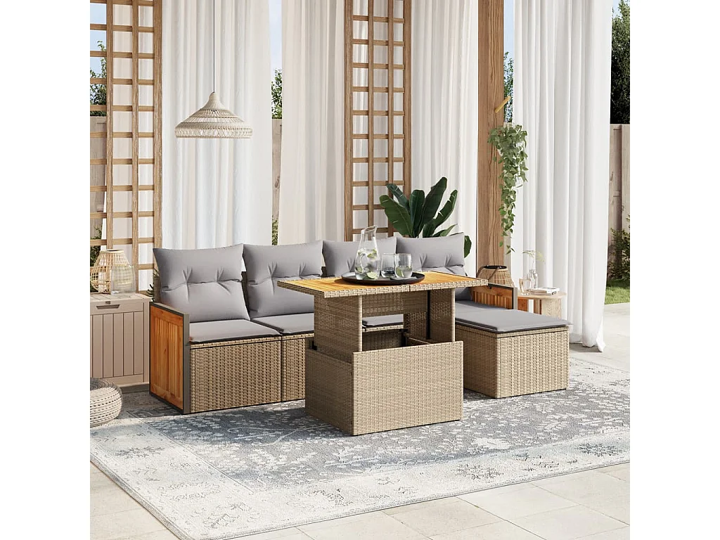 6-delige Loungeset met kussens poly rattan beige