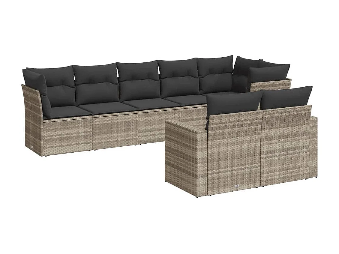 8 peças conj. sofás jardim com almofadões vime PE cinzento-claro