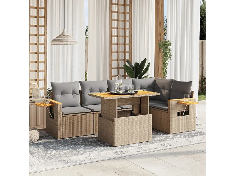 6-delige Loungeset met kussens poly rattan beige
