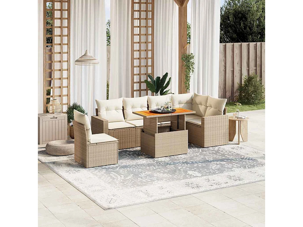 7-delige Loungeset met kussens poly rattan beige
