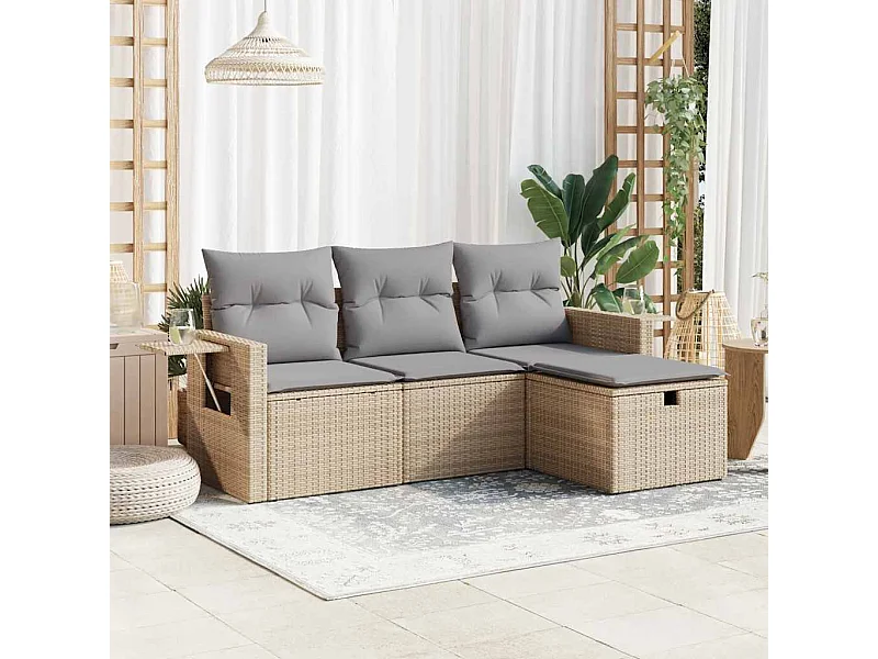 4-delige Loungeset met kussens poly rattan beige