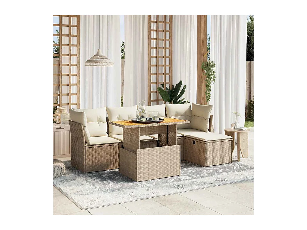 6-delige Loungeset met kussens poly rattan beige