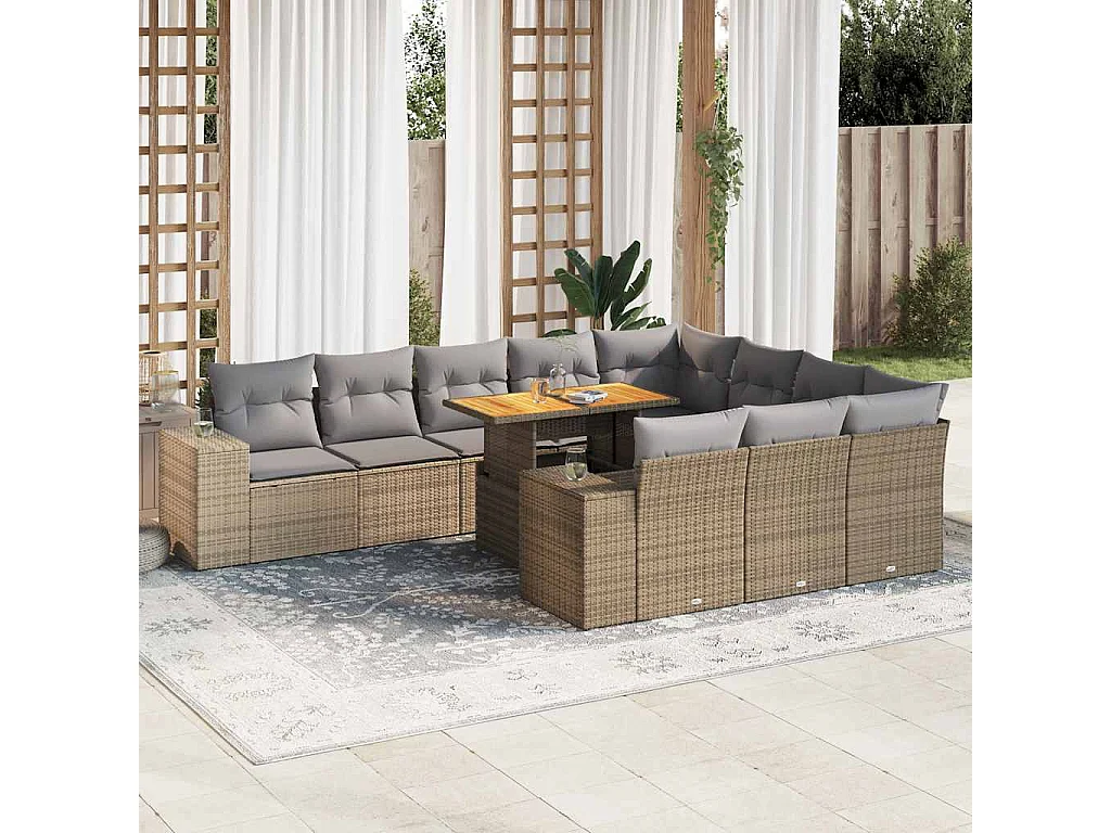 Salon de jardin avec coussins 10 pièces beige résine tressée acacia