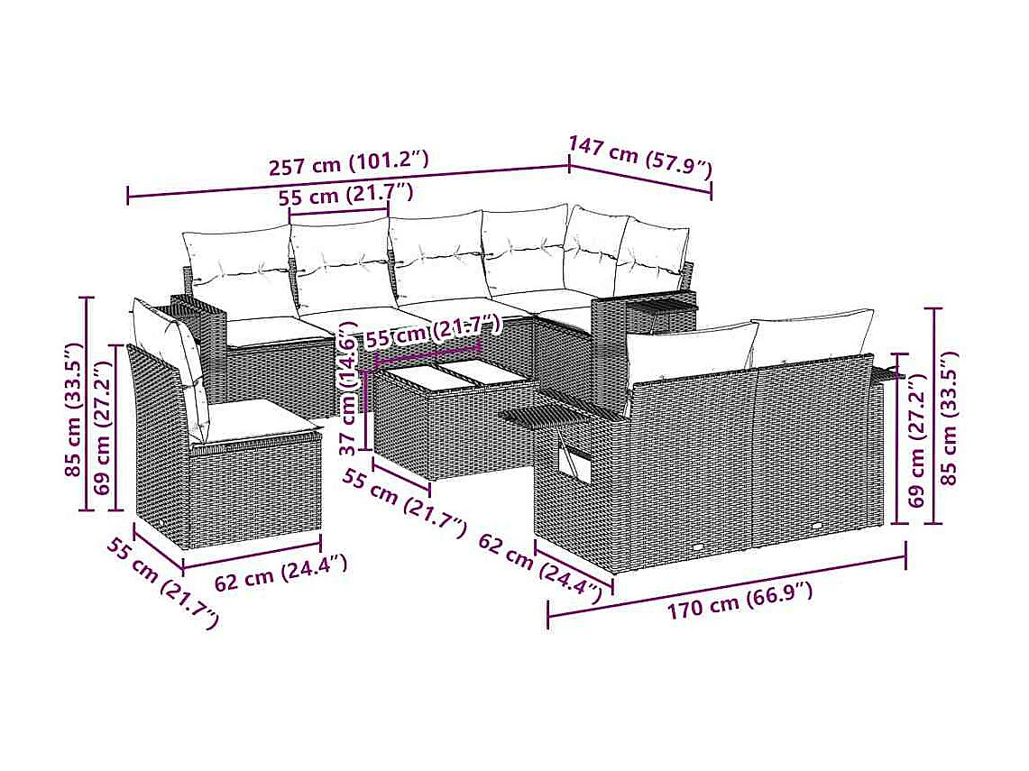 9 peças conj. sofás jardim com almofadões vime PE cinzento-claro