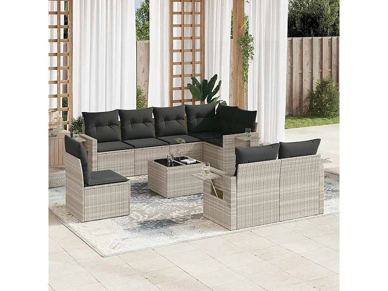 Salon de jardin 9 pièces avec coussins gris clair résine tressée