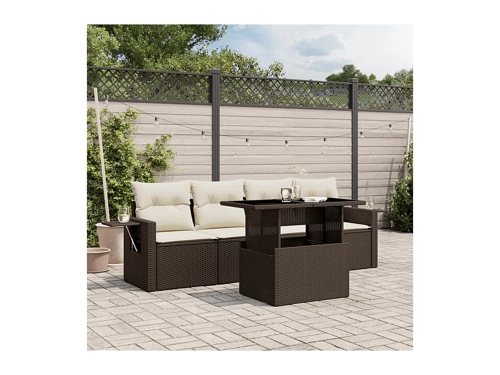 5-delige Loungeset met kussens poly rattan bruin