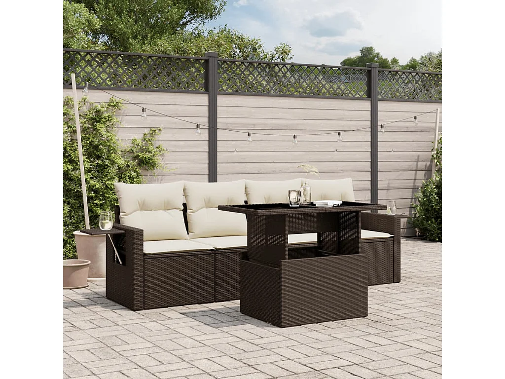 Set comedor de jardín 5 piezas y cojines ratán sintético marrón