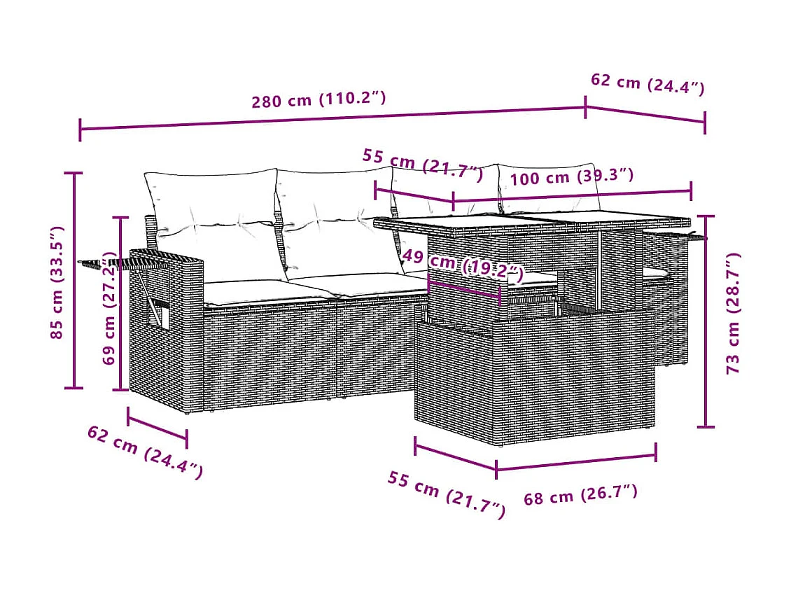 Set comedor de jardín 5 piezas y cojines ratán sintético marrón