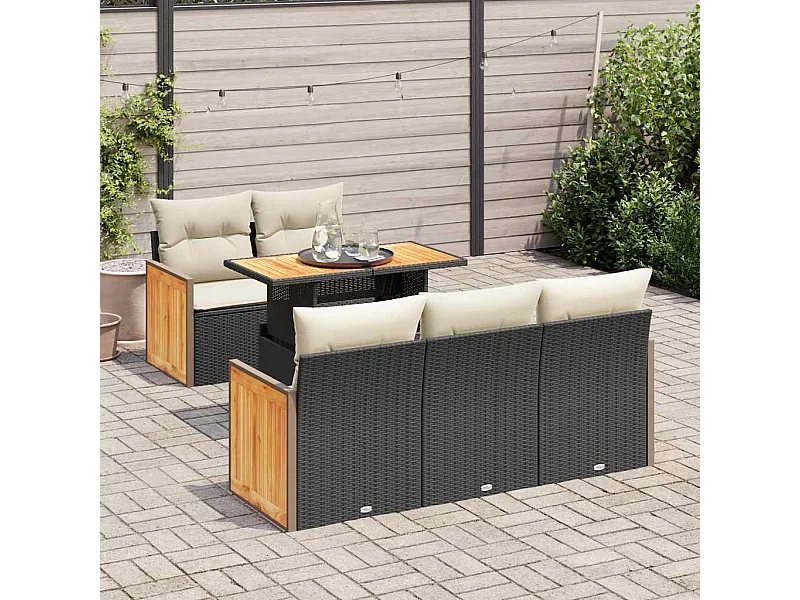 6-delige Loungeset met kussens poly rattan acacia zwart