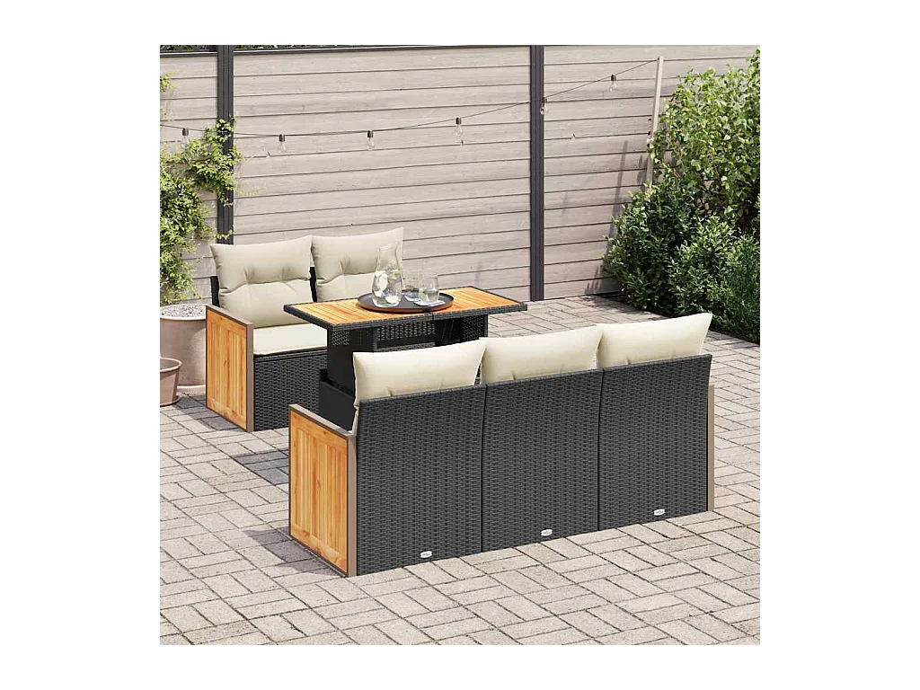 6-delige Loungeset met kussens poly rattan acacia zwart
