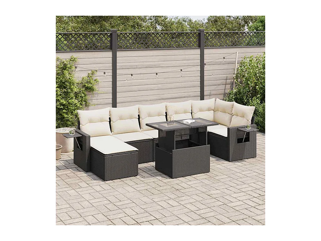 8-delige Loungeset met kussens poly rattan zwart