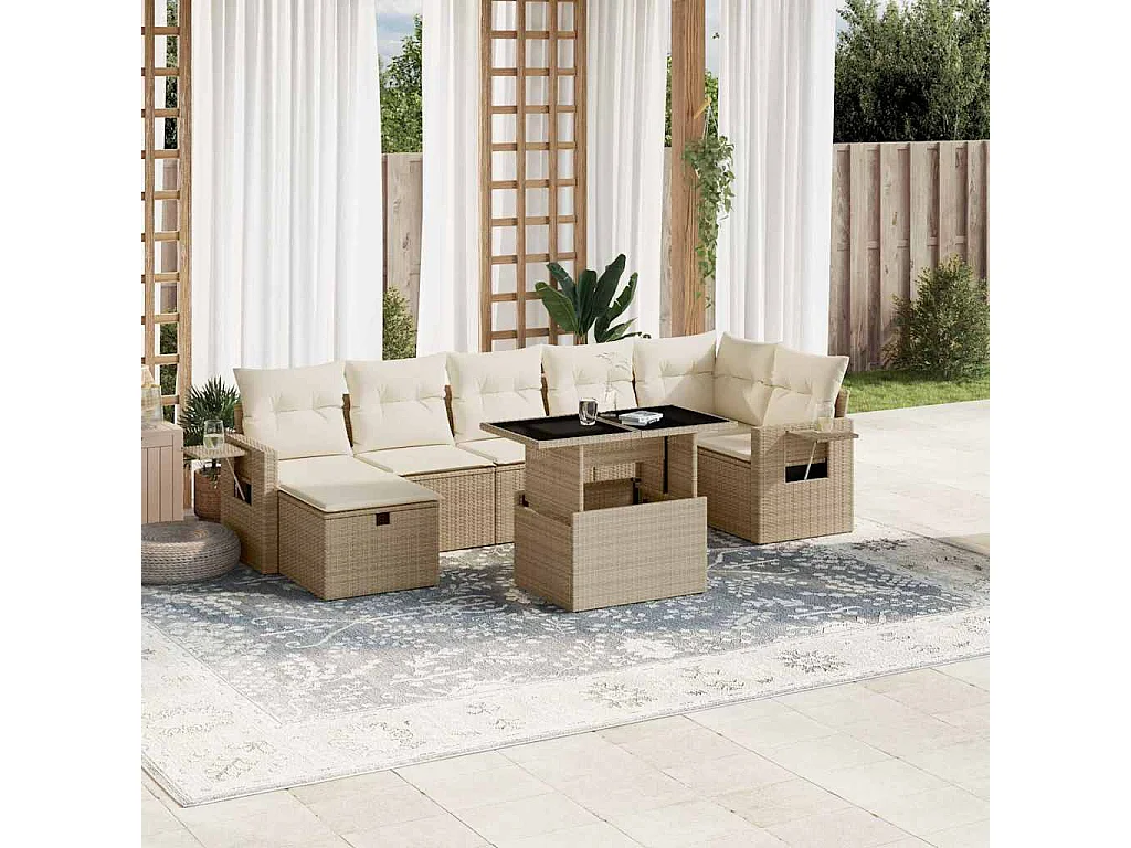 8-delige Loungeset met kussens poly rattan beige