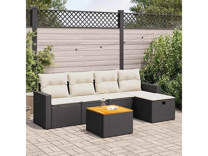 Salon de jardin 6 pièces avec coussins noir résine tressée