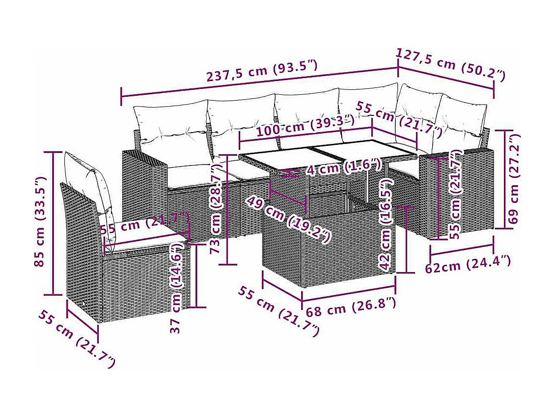 Salon de jardin avec coussins 7 pièces gris clair résine tressée