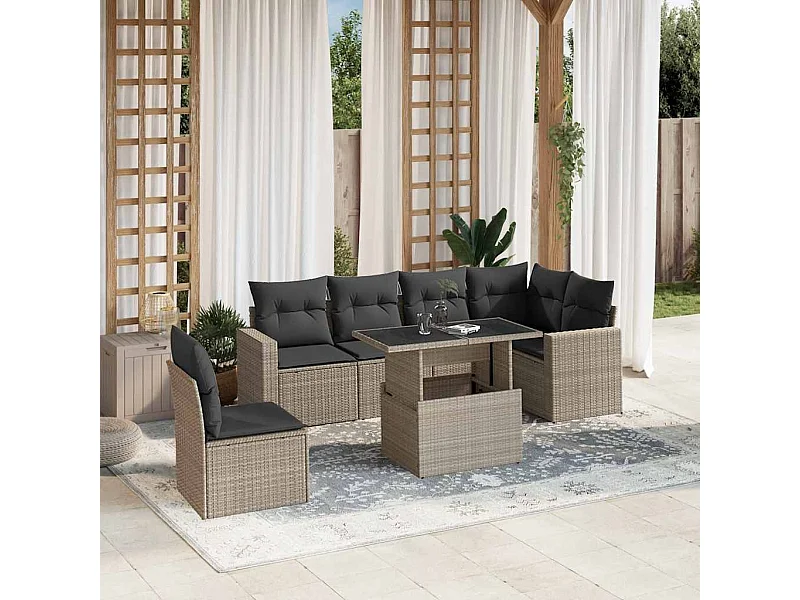 Salon de jardin avec coussins 7 pièces gris clair résine tressée